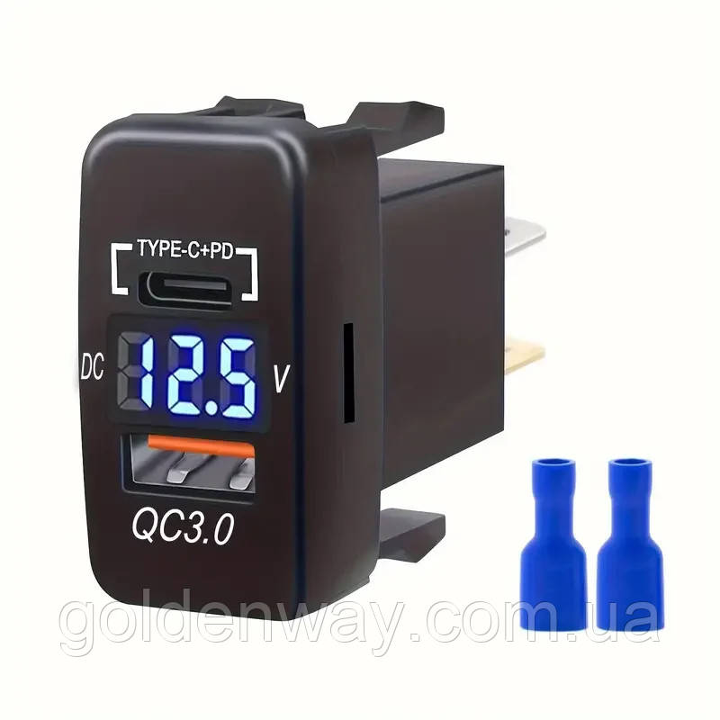Автомобільне зарядне гніздо врізна розетка з вольтметром АЗП Toyota 40х23мм швидка зарядка USB QC3.0+PD Type C 48Вт СИНІЙ, фото 1