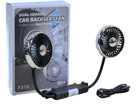 Двойной автомобильный вентилятор на подголовник USB 5V, 3 скорости, LED-подсветка, гибкие шланги, фото 1