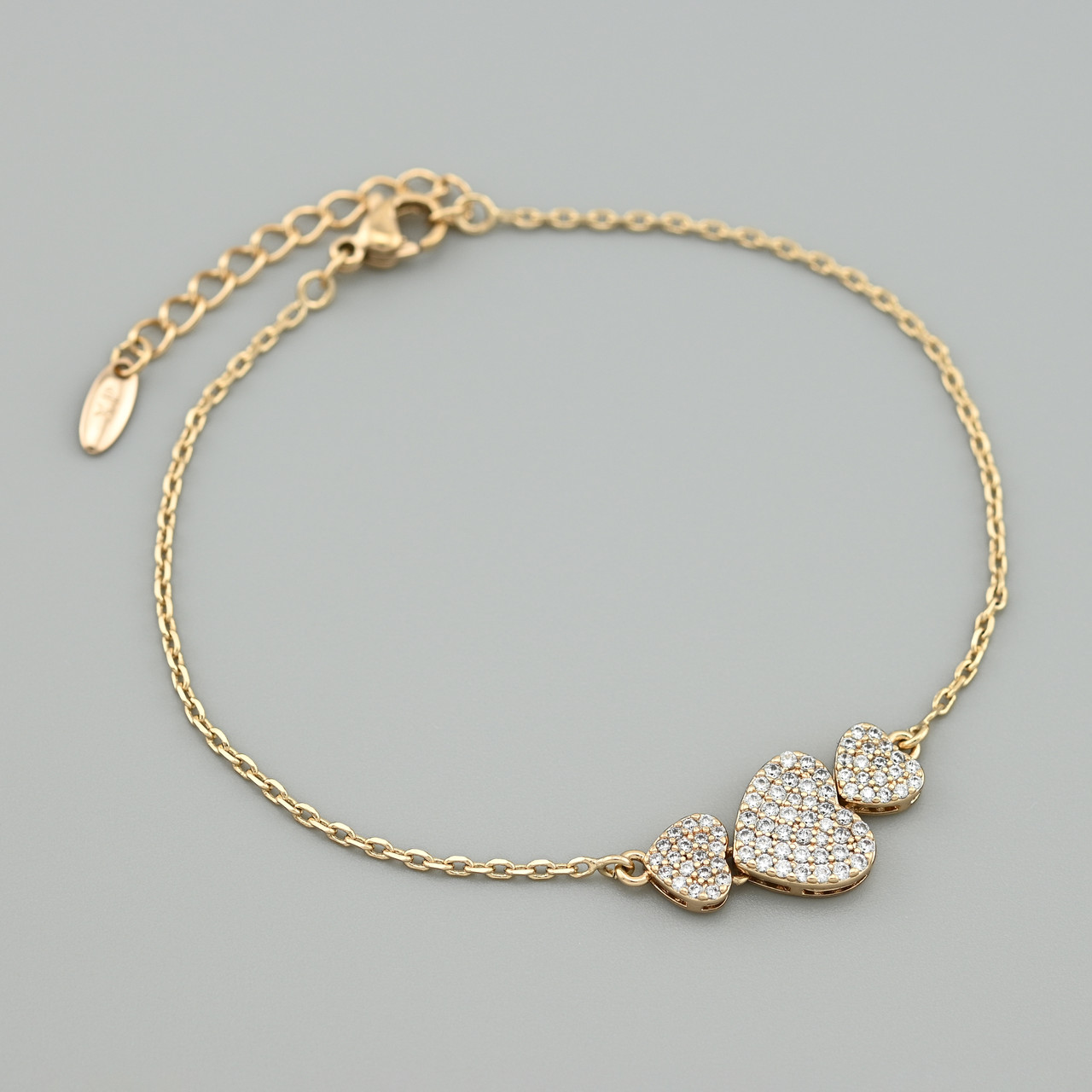 Браслет Серце 55279 ширина 1 мм білі фіаніти позолота 18К довжина 18+2, фото 1