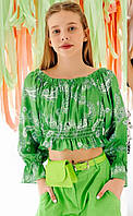 Шовковий топ зелений у білий принт з пишними рукавами для дівчинки To Be Too 140-146см (10-12Y)