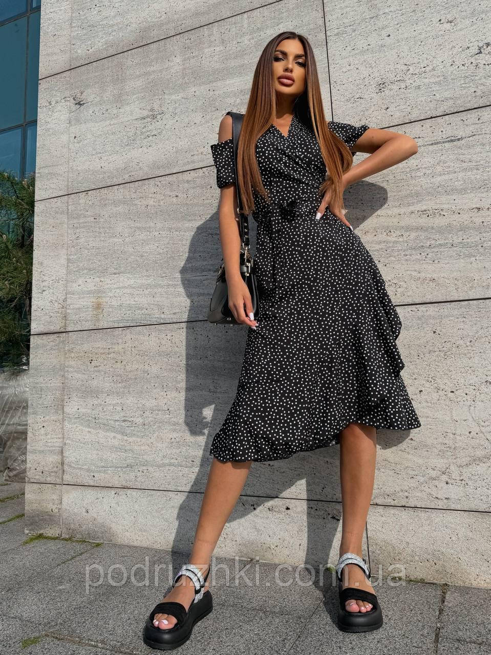 Стильна сукня з супер софту в горох з поясом, універсал 42–48, фото 1