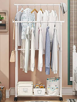 Підлогова телескопічна подвійна стійка вішалка для одягу на коліщатках регульована пересувна Біла