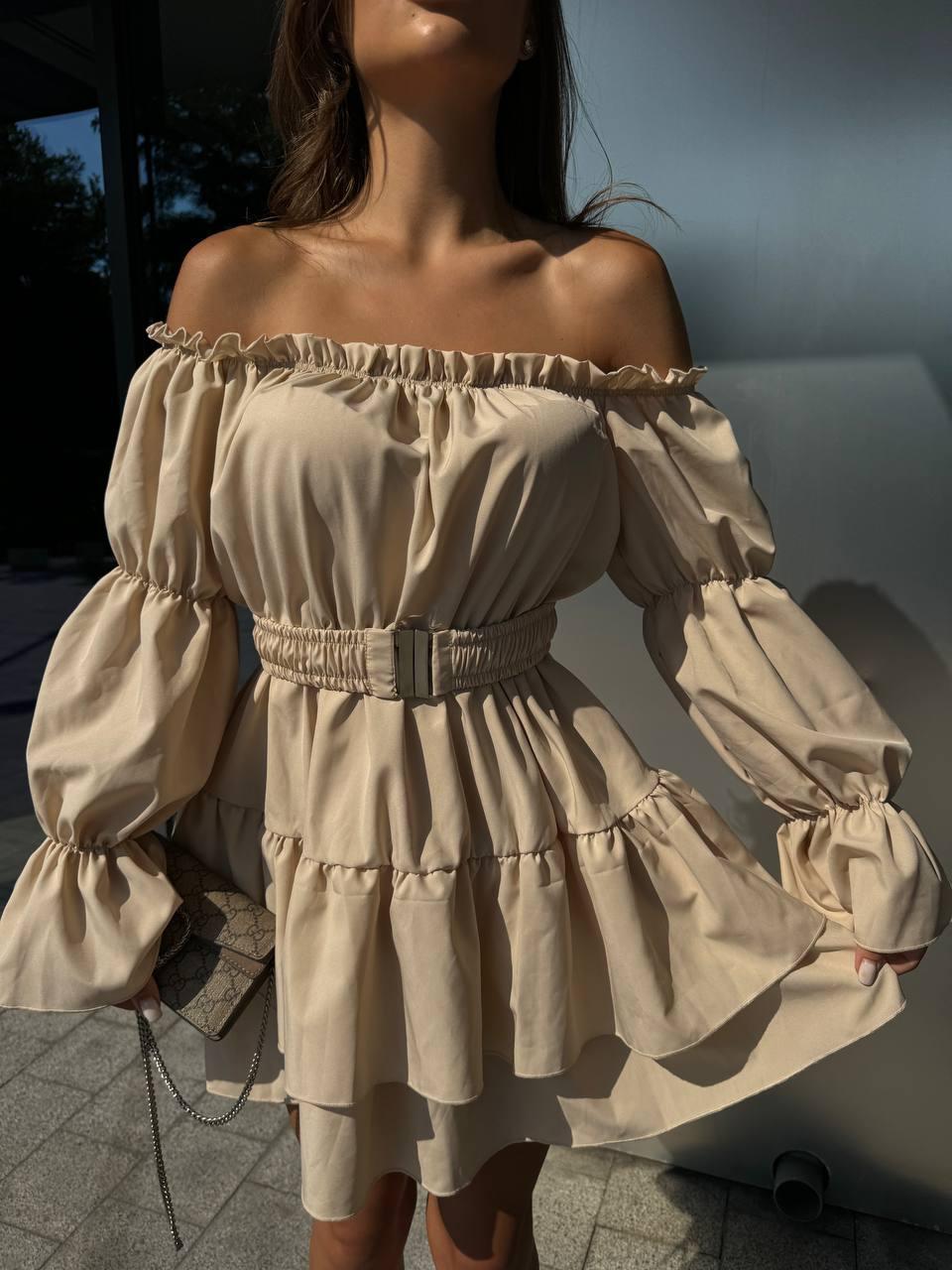 Бежеве ніжне романтичне жіноче плаття з довгим об'ємним рукавом і воланами, літнє плаття софт, фото 1