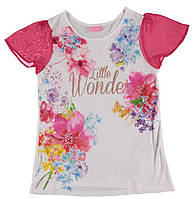 Футболка для дівчинки LC Waikiki білого кольору з рожевими рукавами та написом Little wonder