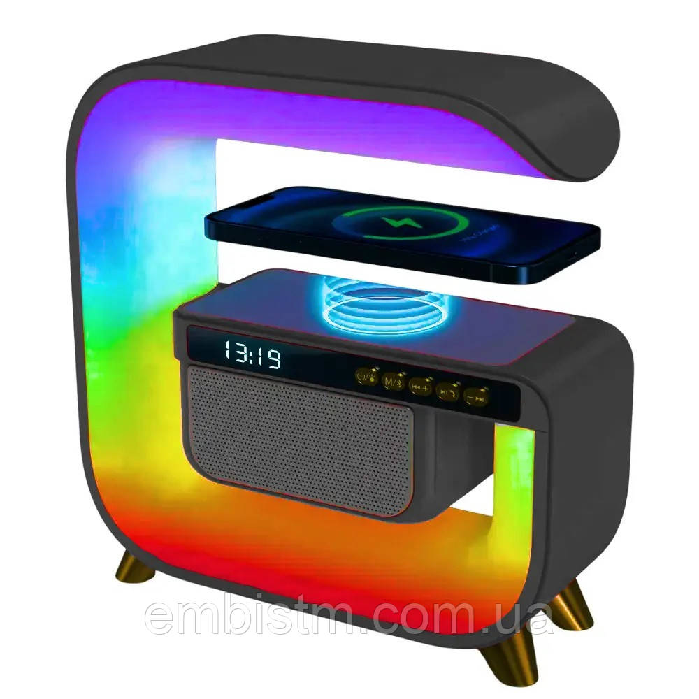 Розумний Нічник світильник HM-G3 з Bluetooth Колонкою бездротовою зарядкою 15W Годинниками FM Радіо та RGB Чорний, фото 1