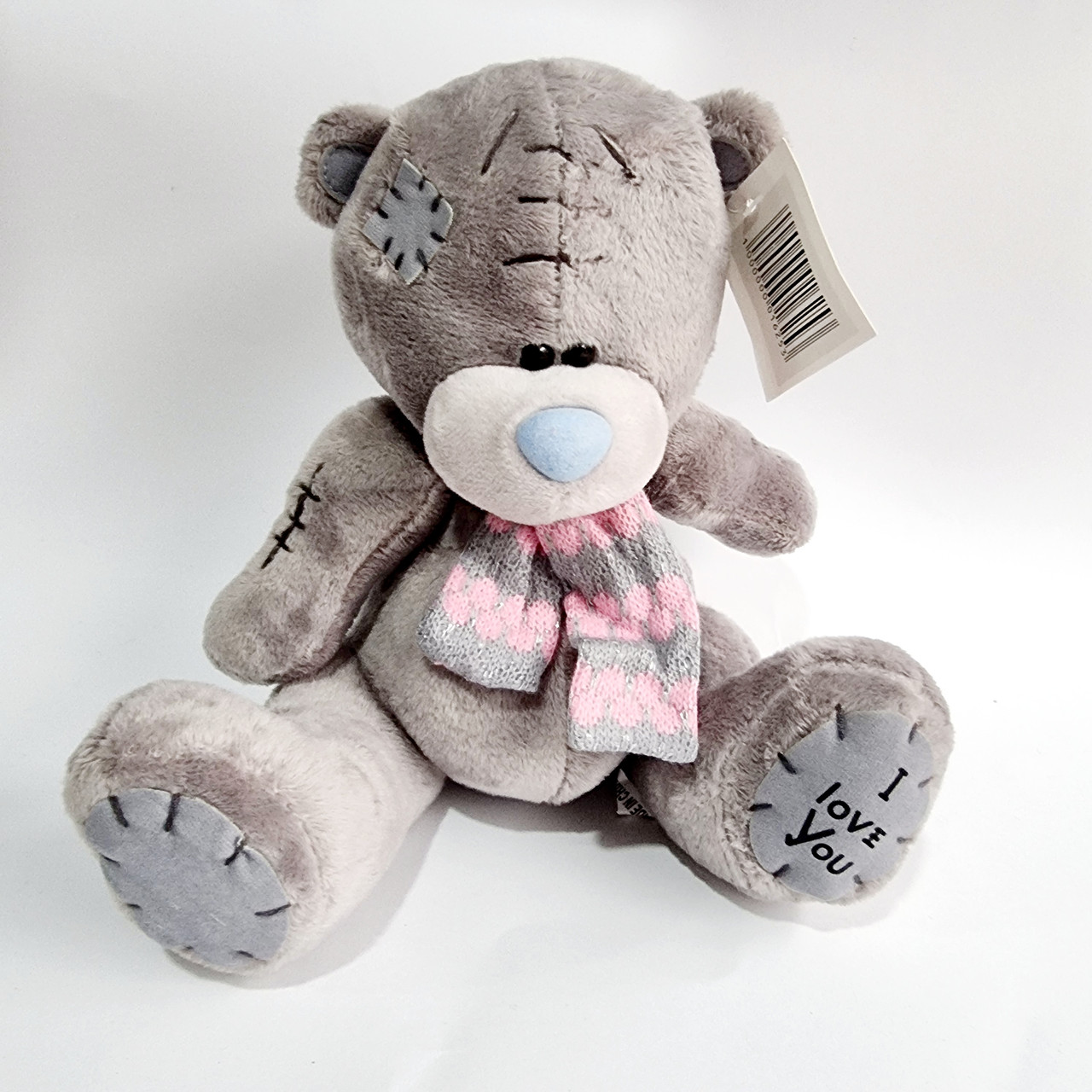 М'яка іграшка Ведмедик Тедді сірий у рожевому шарфі маленький, 15 см, фото 1