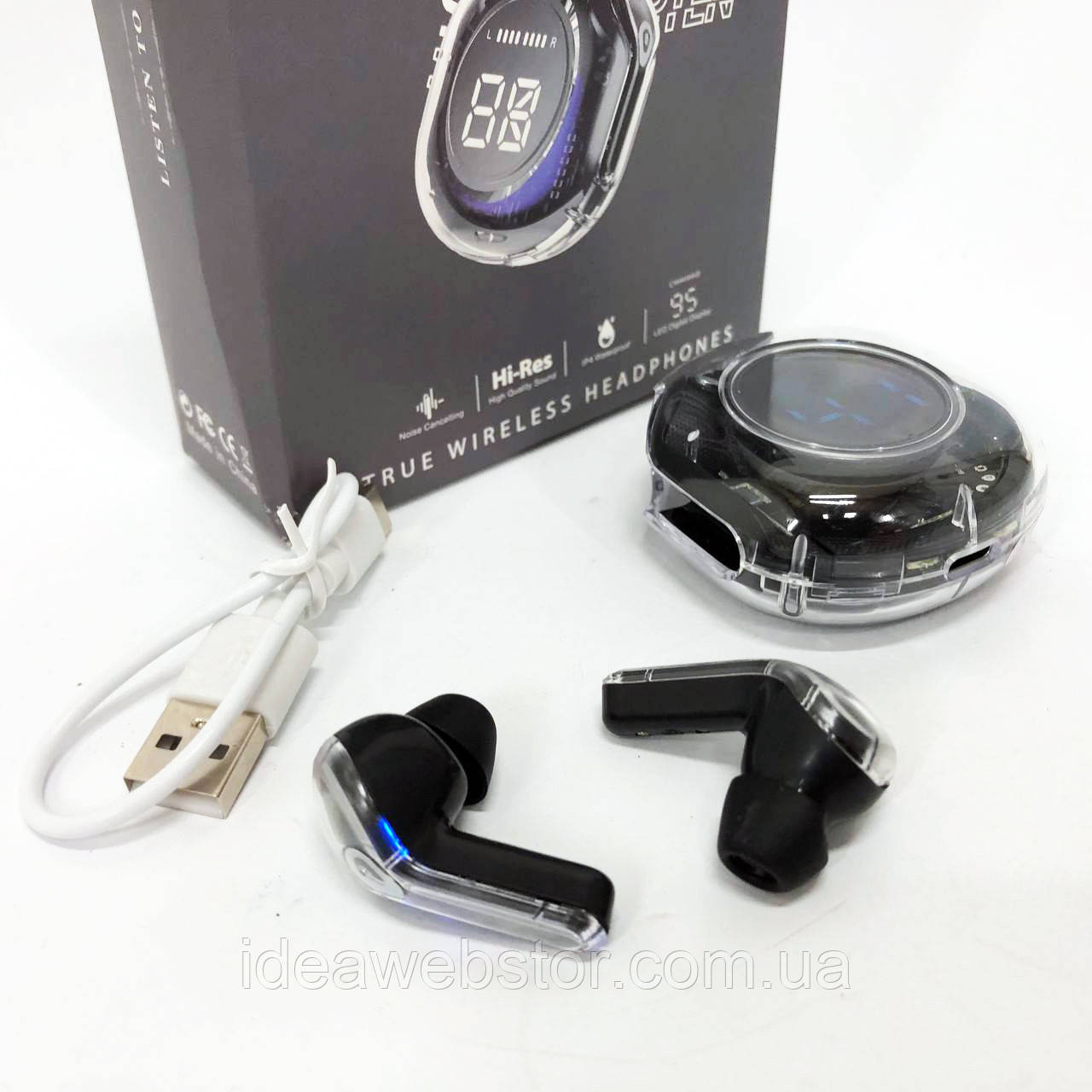 Бездротові навушники TWS T8 PRO з прозорим кейсом Вакуумний LED дисплей Bluetooth 5.3. OV-197 Колір: чорний