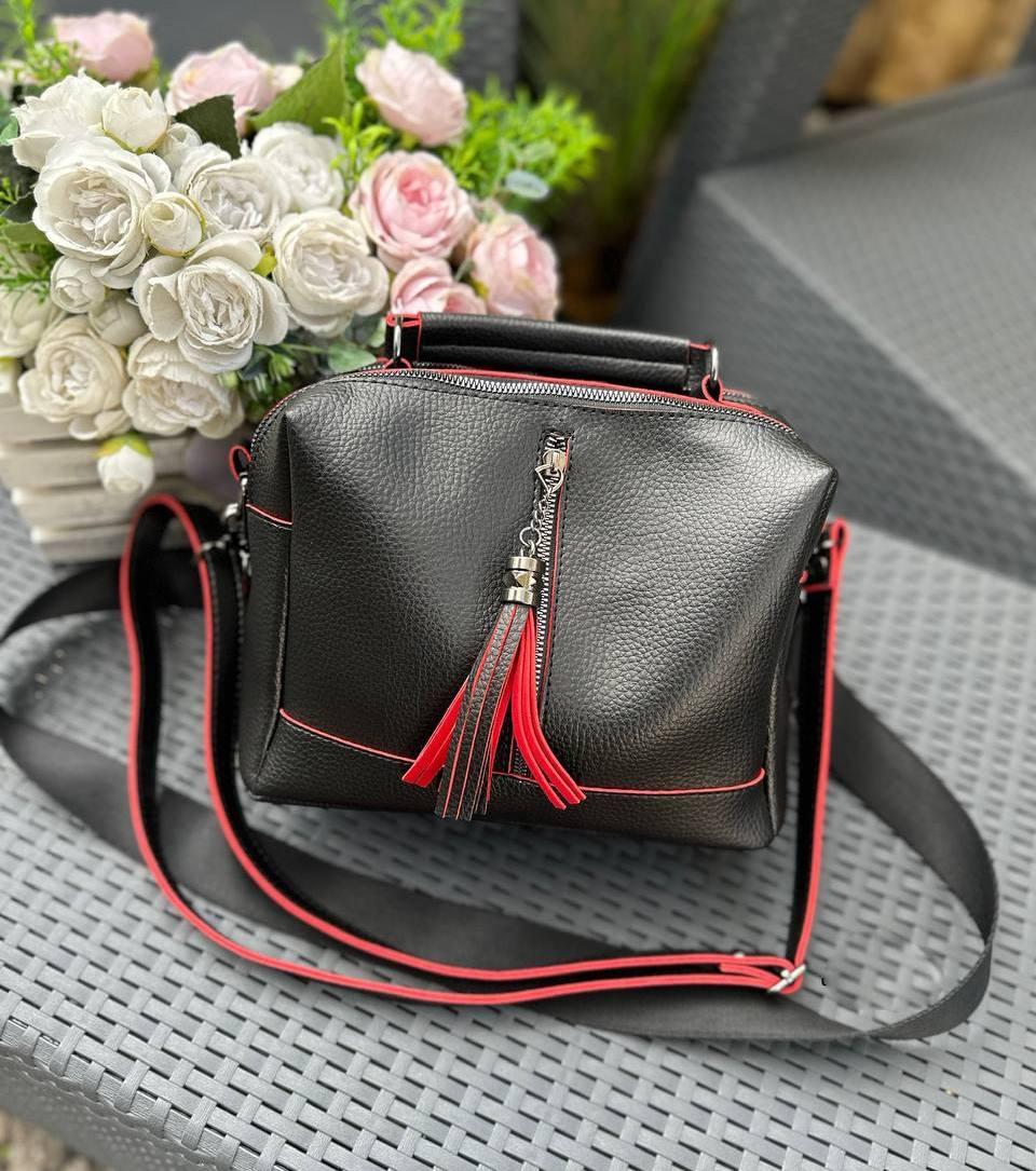 Жіноча сумка валізка з двома ременями чорна з червоним шкірзам, фото 1