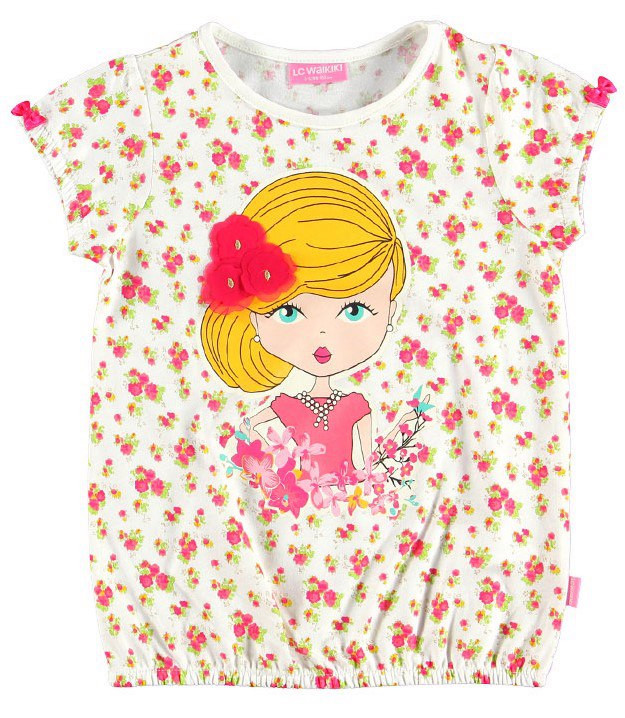 Футболка для дівчинки LC Waikiki білого кольору у квіточки та дівчинка на грудях