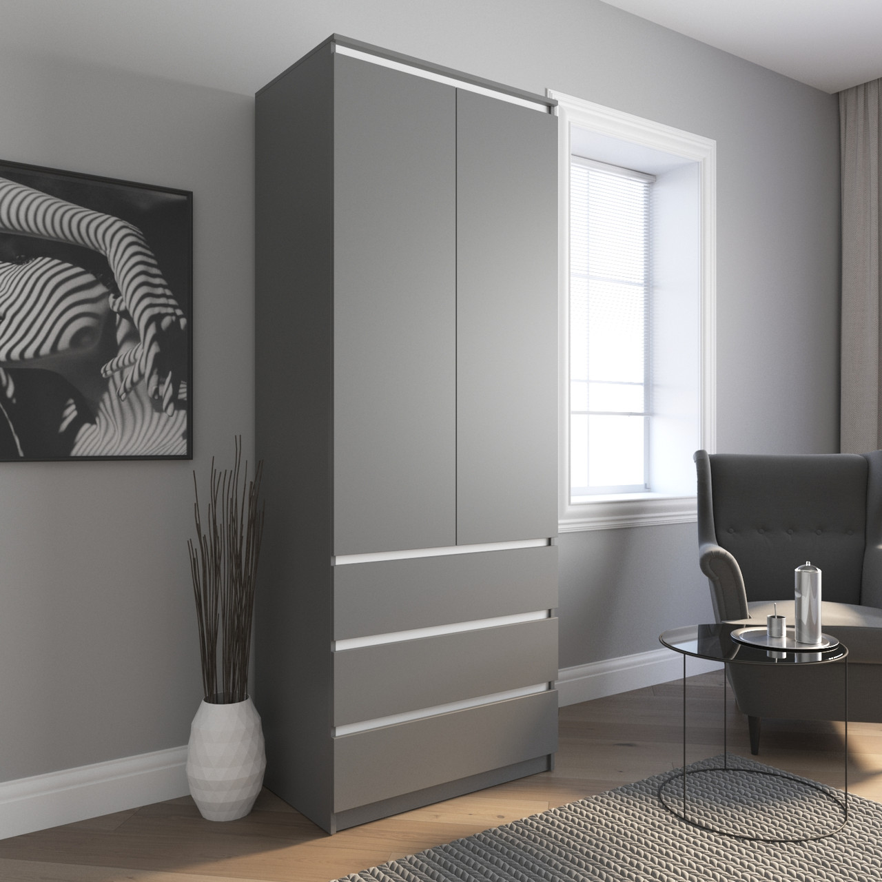 Шафа сіра (антрацит) з білими планками зі штангою та 3 ящиками h211*80*50 см, фото 1