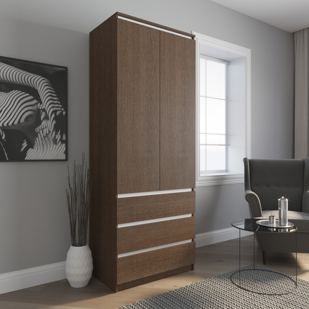 Шафа венге темний з білими планками зі штангою та 3 ящиками h211*80*50 см, фото 1