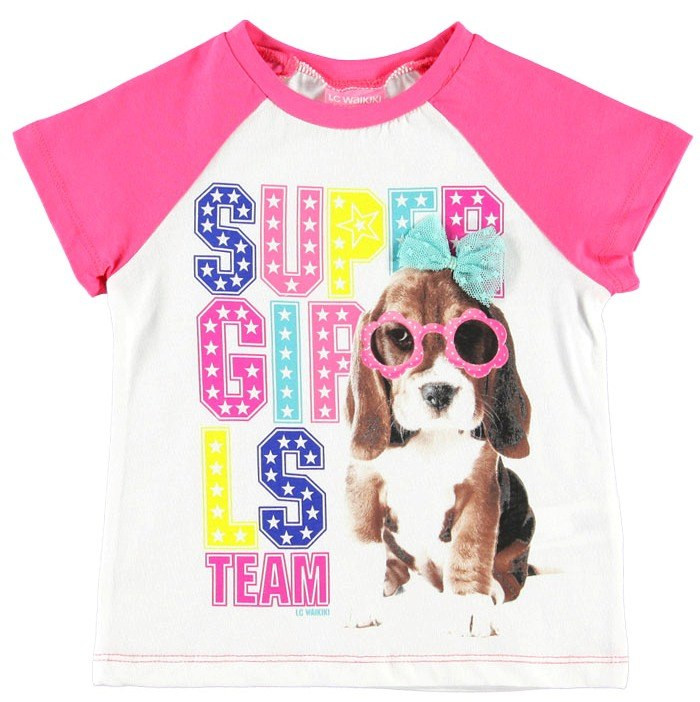 Футболка для дівчинки LC Waikiki білого кольору з рожевими рукавами та собачкою