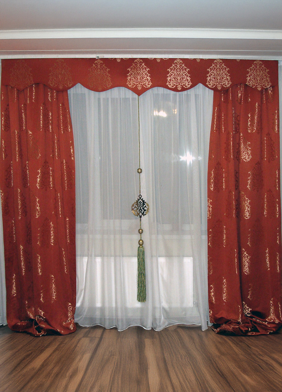 Жорсткий ламбрекен Firanka Damask зі шторами на карниз 250см теракотовий (140_2ж), фото 1