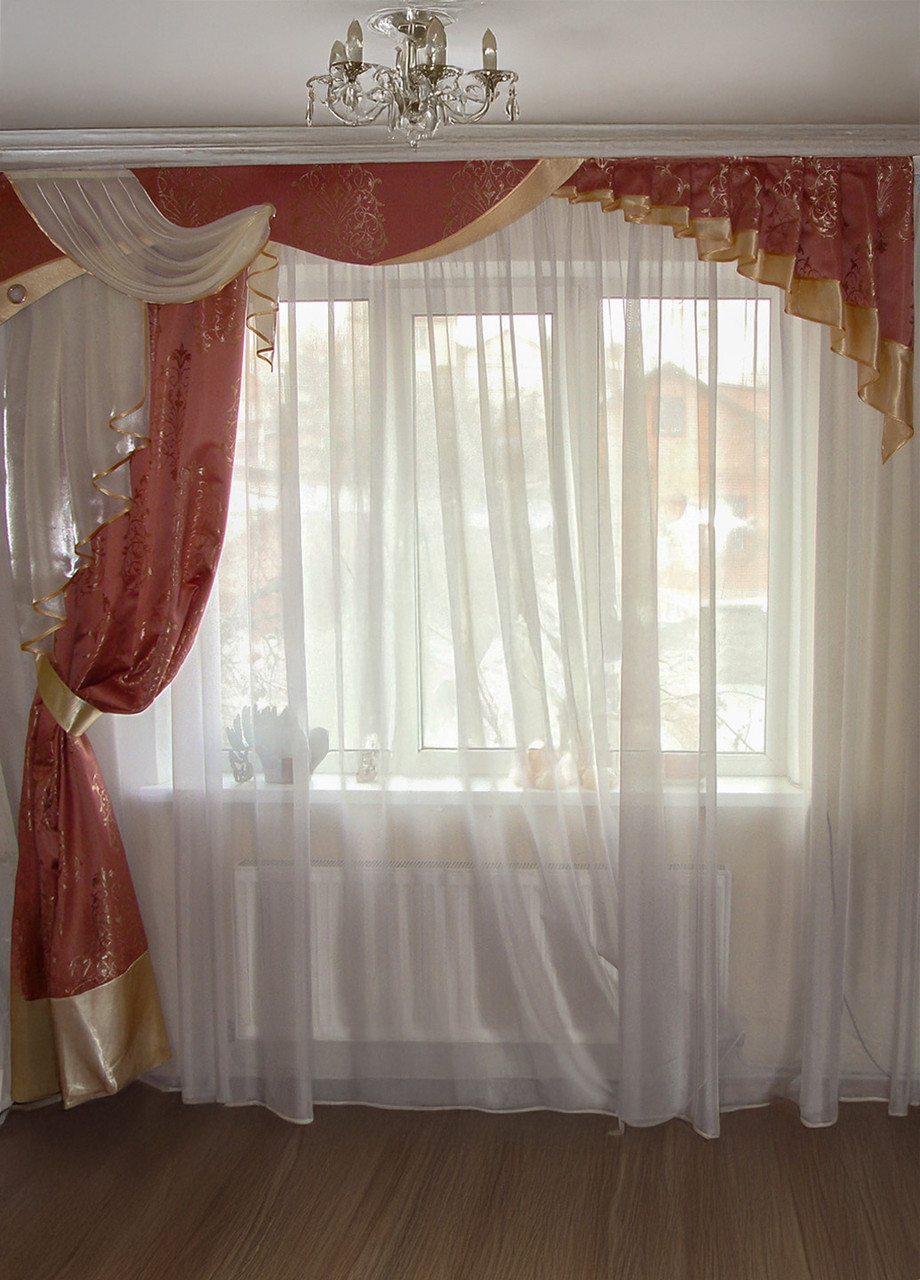Жорсткий ламбрекен зі шторою Firanka Damask Корона 250см Рожевий (140_6ж), фото 1