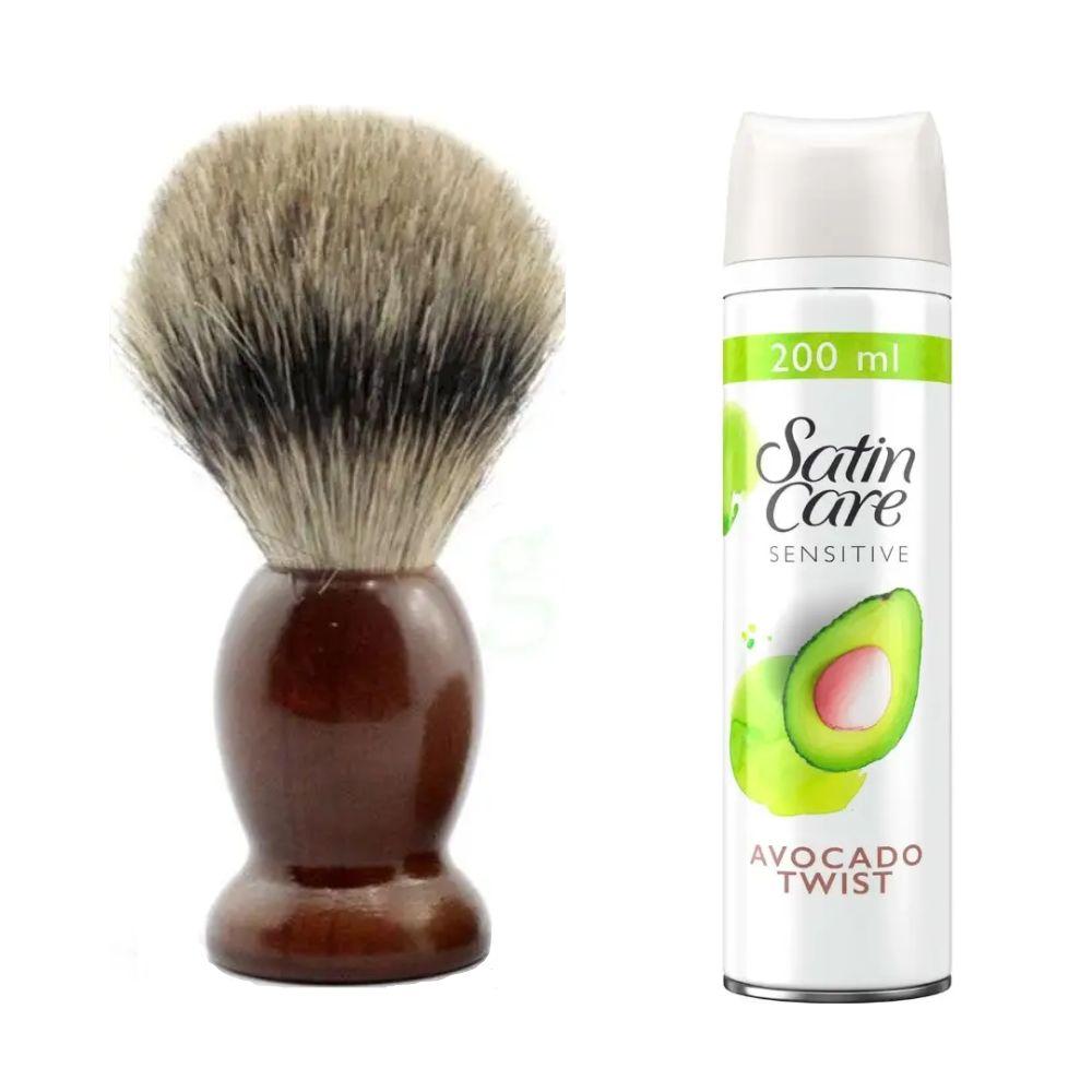 Помазок для гоління з дерева Shima з ворсом Борсука + гель для гоління Gillette Satin Care Gel Avocado 200 мл, фото 1