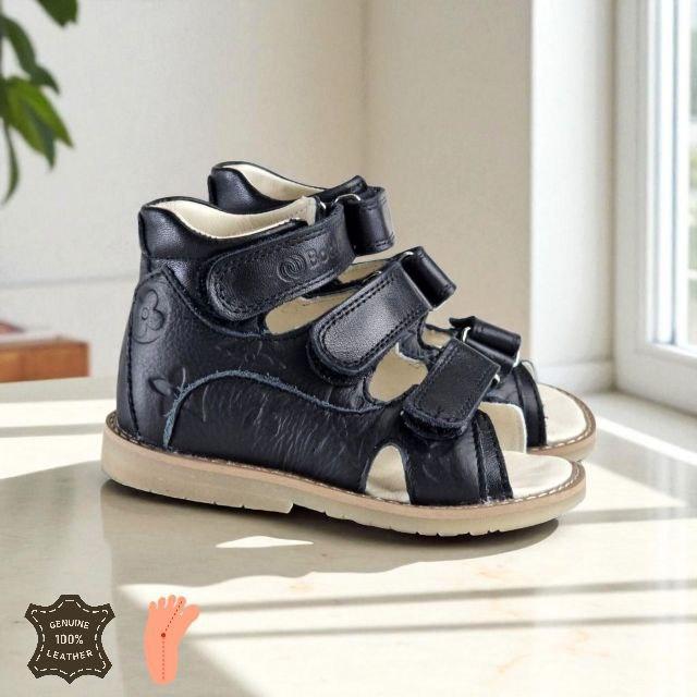 Дитячі чорні ортопедичні шкіряні антиварусні сандалії без супінатора 25 розмір, фото 1