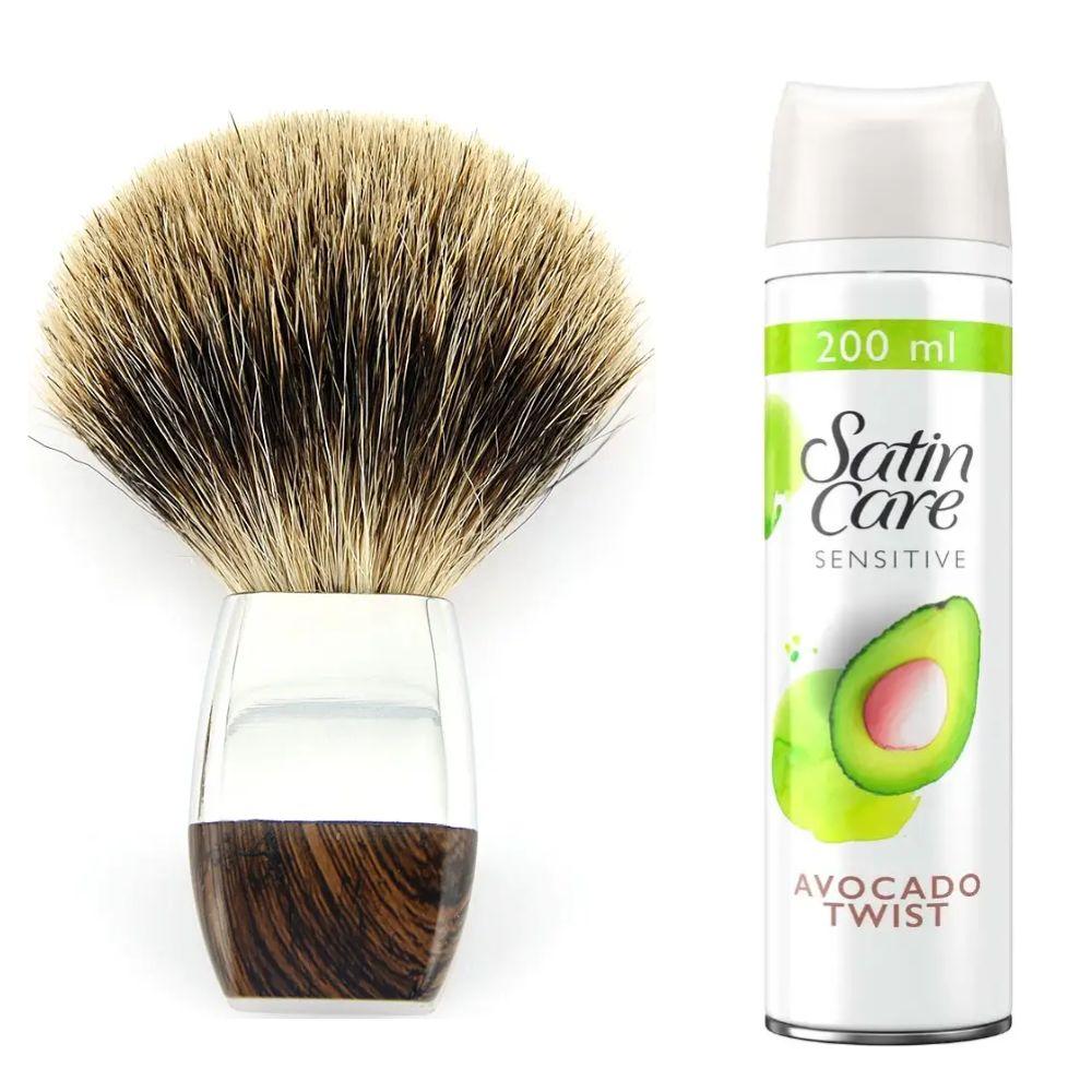Помазок для гоління з борсучим ворсом + гель для гоління Gillette Satin Care Gel Avocado 200 мл, фото 1