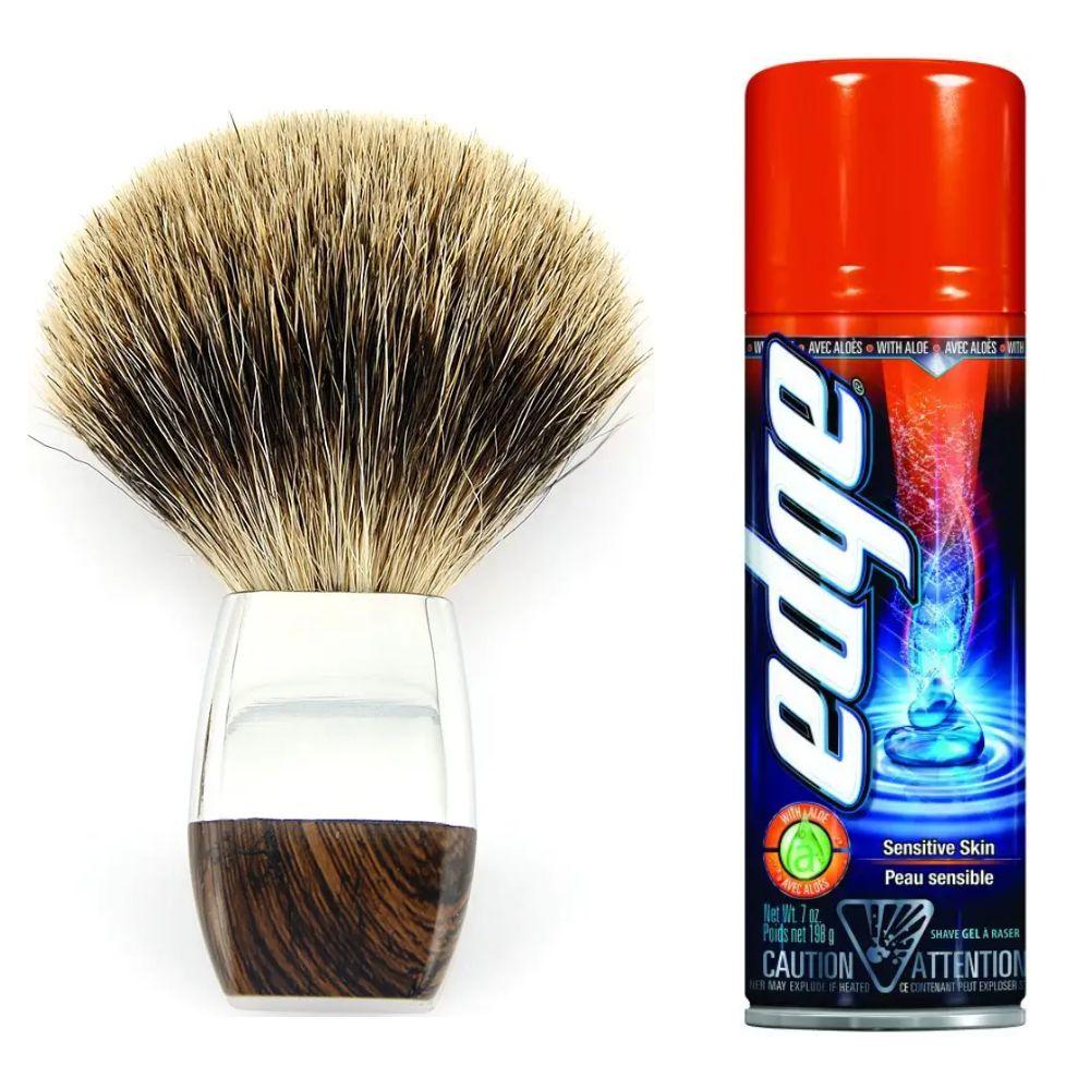 Помазок для гоління з борсучим ворсом + гель для гоління Wilkinson Sword EDGE Sensitive 200 мл, фото 1