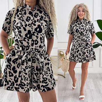 Жіночий літній стильний костюм із софту сорочка і спідниця-шорти з принтом (Норма)