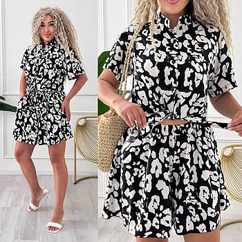 Жіночий літній стильний костюм із софту сорочка і спідниця-шорти з принтом (Норма)