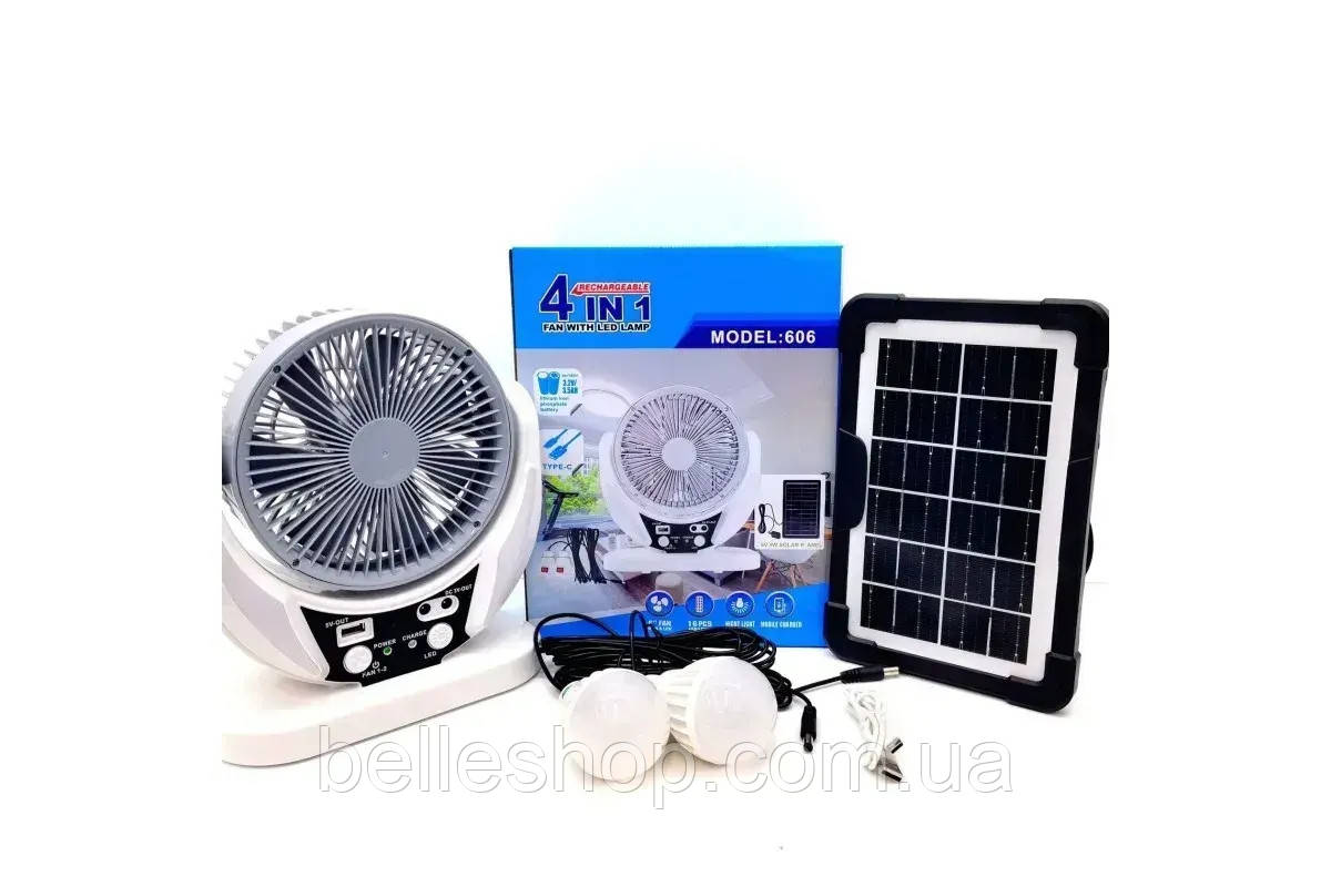 Вентилятор портативний 4в1 (6", сонячна панель, 2 LED лампи, 2 швидкості, 6Вт, USB, 3.2V/4000 мАг), фото 1