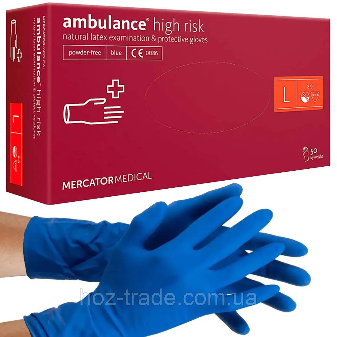 Рукавички латексні гумові підвищеної міцності Амбуланс сині Ambulance High risk L