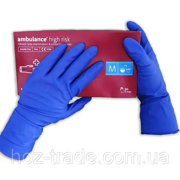 Рукавиці латексні гумові міцні Амбуланс сині Ambulance High Risk (M)