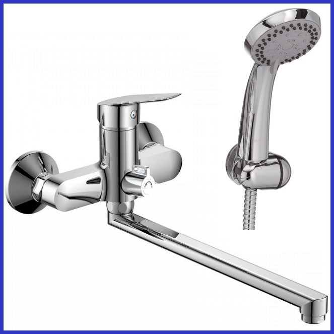 Змішувач для ванни Хайба з довгим носіком 35 см поворотним перемиканням з душем латунний Haiba Nikas Euro 006, фото 1