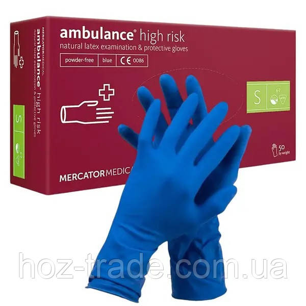 Рукавиці гумові міцні латексні Амбуланс Ambulance High Risk сині (S), фото 1