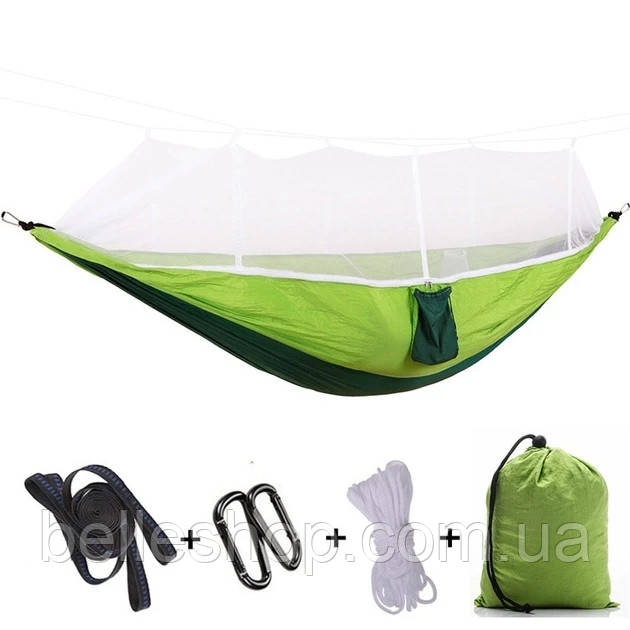 Туристичний гамак із москітною сіткою UKC Hammock Net зелений до 200 кг., фото 1