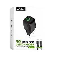 Зарядний пристрій мережевий USB/Type-C + кабель Type-C 30W чорний GaN WALKER WH-71 black, фото 3
