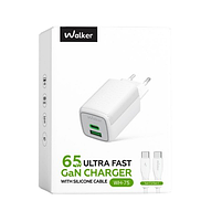 Зарядний пристрій мережевий USB/Type-C + кабель Type-C 65W білий GaN WALKER WH-75 white, фото 2