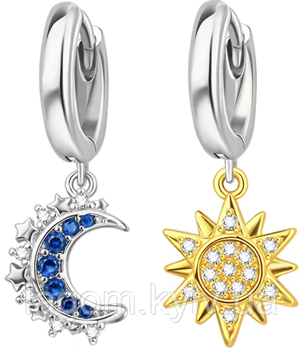 Срібні сережки-хупи в стилі PANDORA Sun&Moon Сонце і Місяць 925 проба кульчики-кільця ПАНДОРА, фото 1