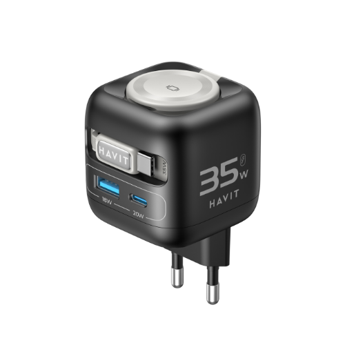 Зарядний пристрій мережевий USB/Type-C + кабель Type-C + Watch PD 35W чорний/сірий GaN Havit HV-UC250-BK, фото 1