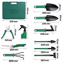 Садовий набір інструментів 10 в 1 у кейсі лопатки граблі секатор оприскувач, фото 6