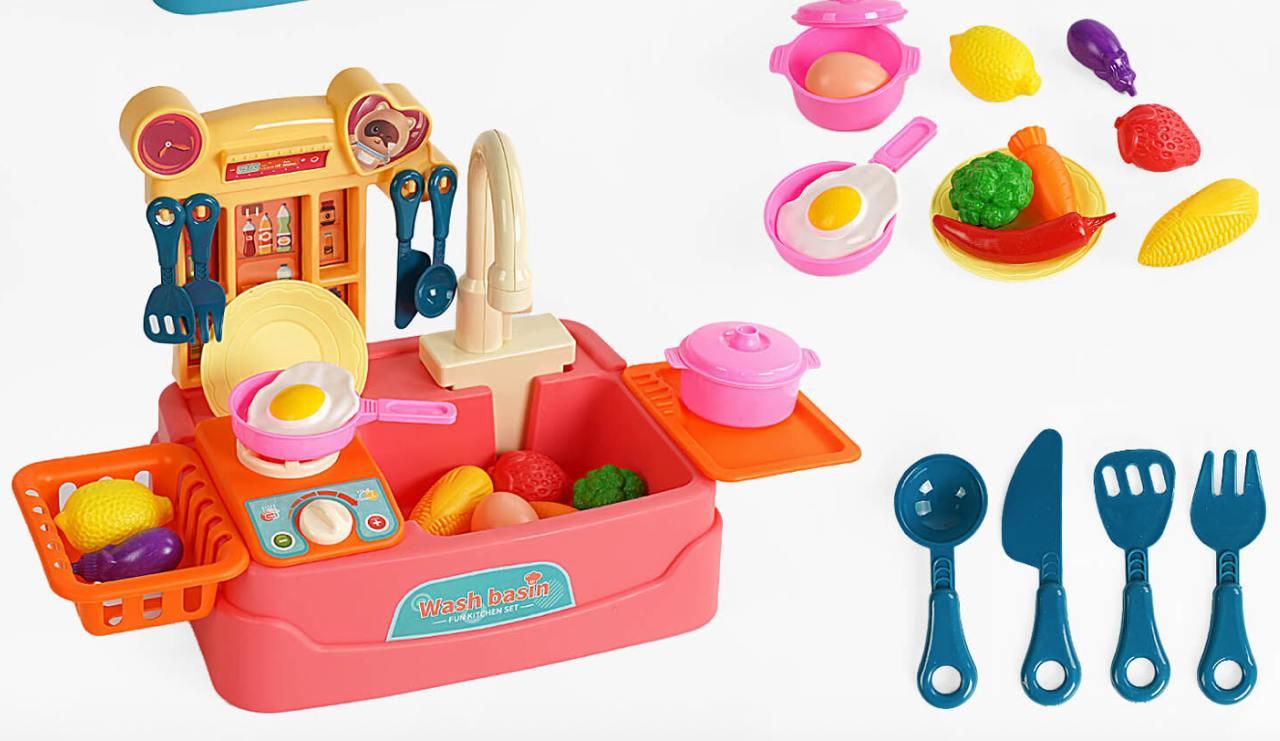 Мийка автоматична подача води, поличка, столове начиння, муляжі їжі, плитка з тріскачкою РОЖЕВА, фото 1