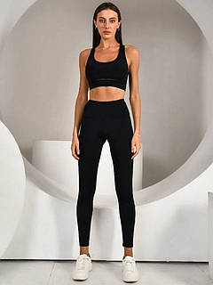 Жіночі спортивні чорні лосини (легінси) широкий пояс з утяжкою — Власне виробництво