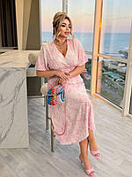 Жіноча рожева сукня на запах з коротким рукавом батал з принтом Розмірний ряд S,L,2XL,3XL L