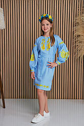 Вишита блакитна сукня з льону для дівчаток вишиванка з жовтою вишивкою гладью розміри 116-146