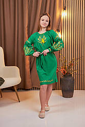 Вишита сукня з льону для дівчаток зеленого кольору з вишитими колосками розміри 116-152