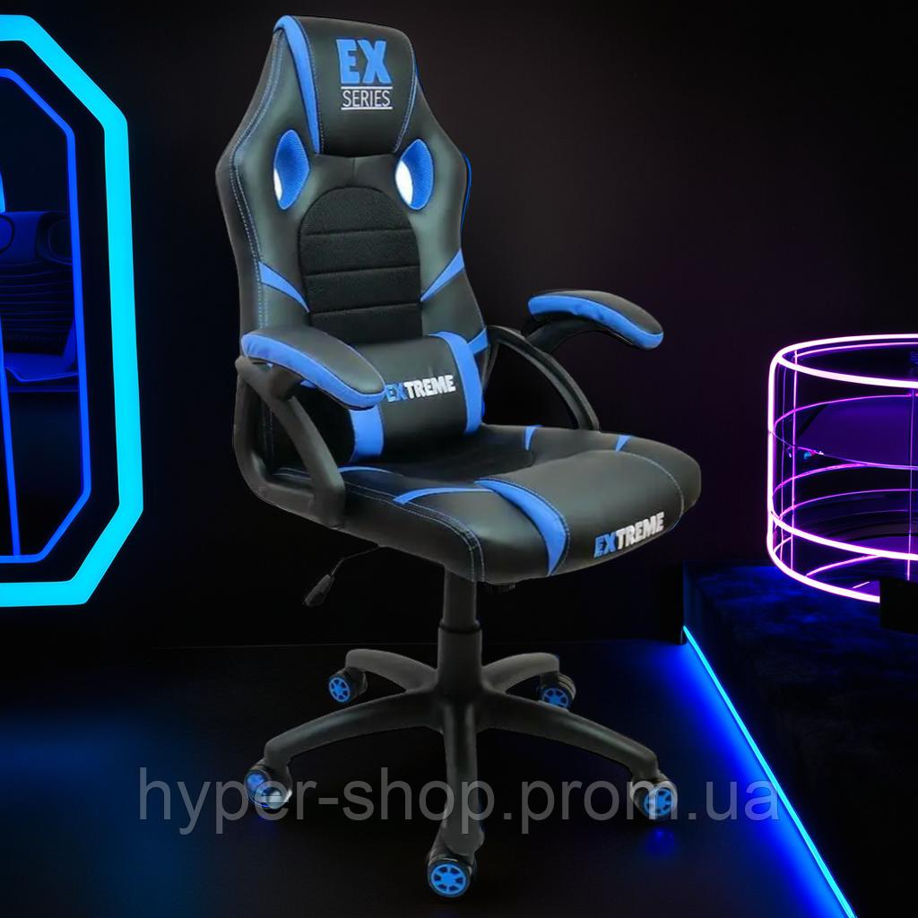 Комп'ютерне ігрове блакитне крісло для дому та офісу, стильне геймерське крісло player з підставкою для ніг, фото 1
