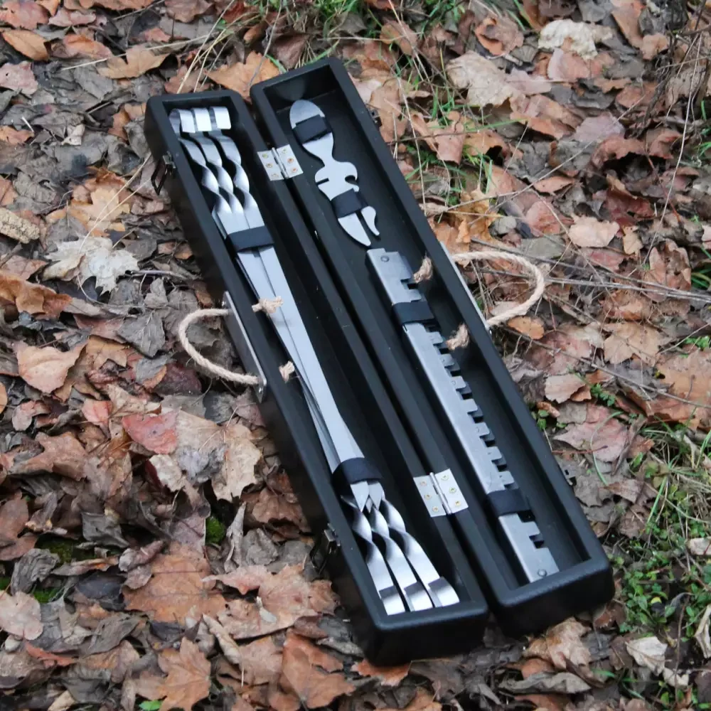 Набір шампурів у дерев'яному кейсі "Карпатський" Шашличний набір у кейсі подарунковий для гриля й барбекю, фото 1