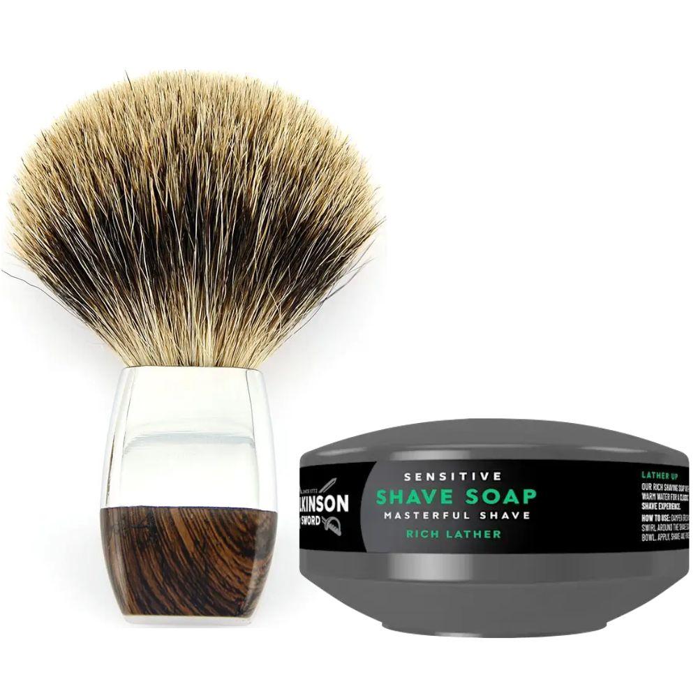 Помазок для гоління з борсучим ворсом + мило для гоління Wilkinson Sword для чутливої шкіри 125 г, фото 1