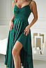 Вечірня святкова атласна сукня на бретелях, з декольте та асиметричним пишним подолом, фото 5
