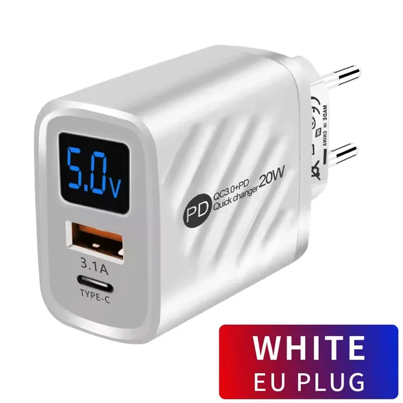 Швидкий USB зарядний пристрій 20 Вт з QC 3.0 та дисплеєм білий, фото 1