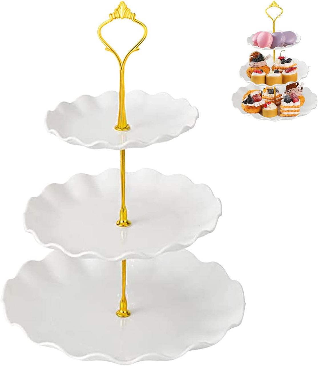 Підставка 3-ярусна Leeseph  для десертів, фруктів та бутербродів біла з золотом, фото 1