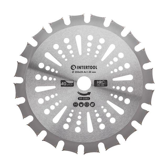 Ніж для мотокоси/тримера з твердосплавними напайками ø255 мм, 40T, двосторонній INTERTOOL DT-2351 riven, фото 1