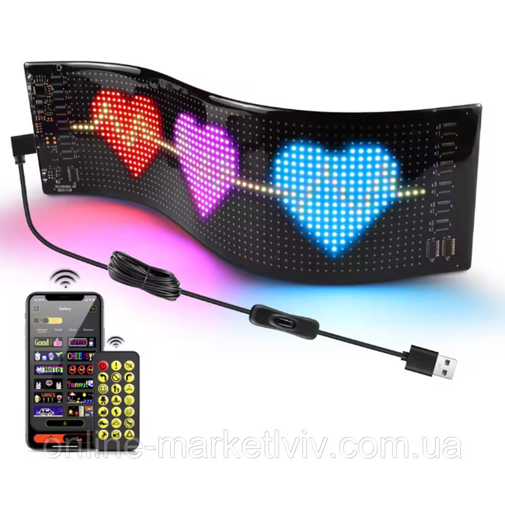 Гнучкий дисплей світлодіодний (89,8х19,2см) + Пульт, Bluetooth, від Type-C, ART-0568 / Світлодіодна панель гнучка, фото 1
