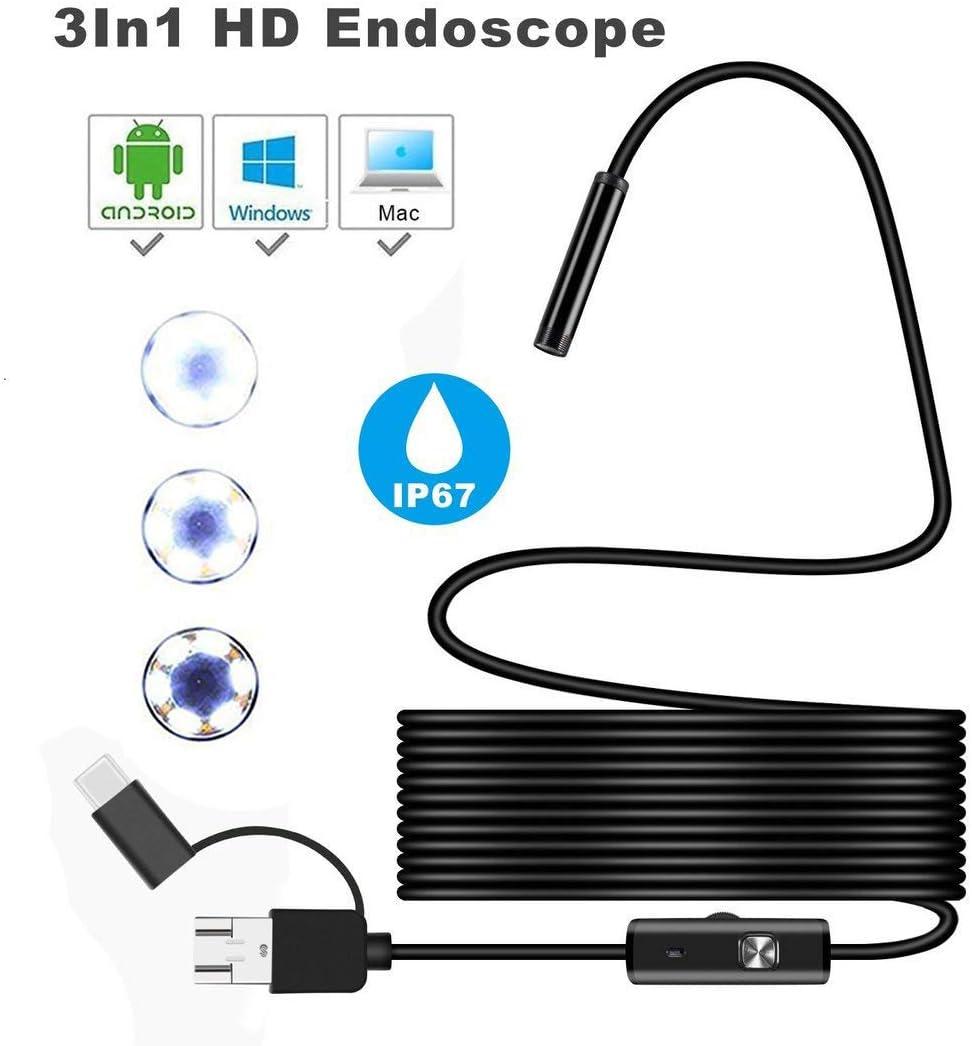 Ендоскоп-камера 3-в-1 7мм 5м для Android з Micro USB, Type-C та USB — водонепроникна оглядова камера для авто