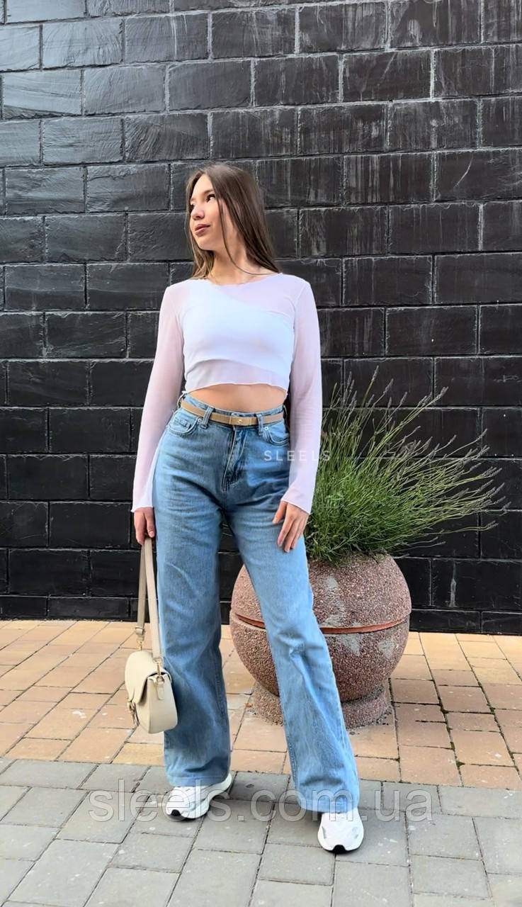 Прозорий укорочений лонгслів з кльошними рукавами з еластичної сіточки, фото 1